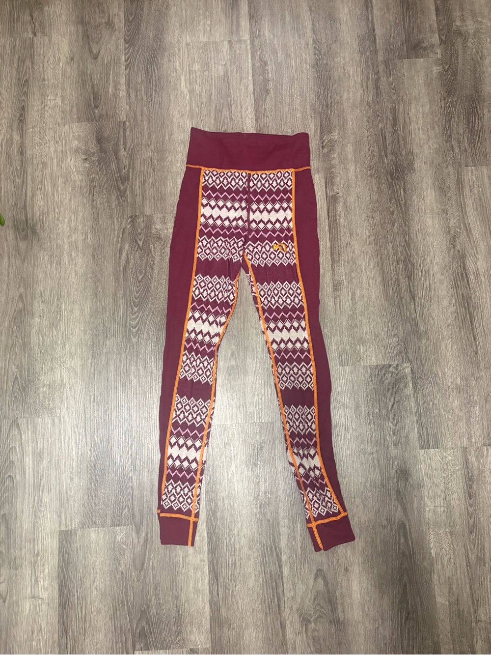 Kari Traa Maroon Patterned Base Layer Leggings with Orange Trim XS